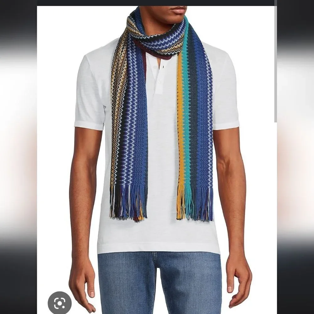 Missoni Knit Zigzag Scarf Italian Made Wool Blend Blue multi color Fring…